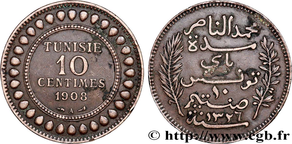 TUNESIEN - Französische Protektorate  10 Centimes AH1326 1908 Paris SS 
