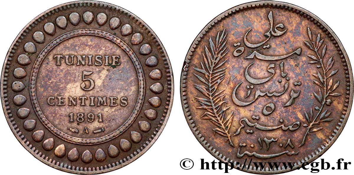 TUNEZ - Protectorado Frances 5 Centimes AH 1308 1891 Paris MBC 