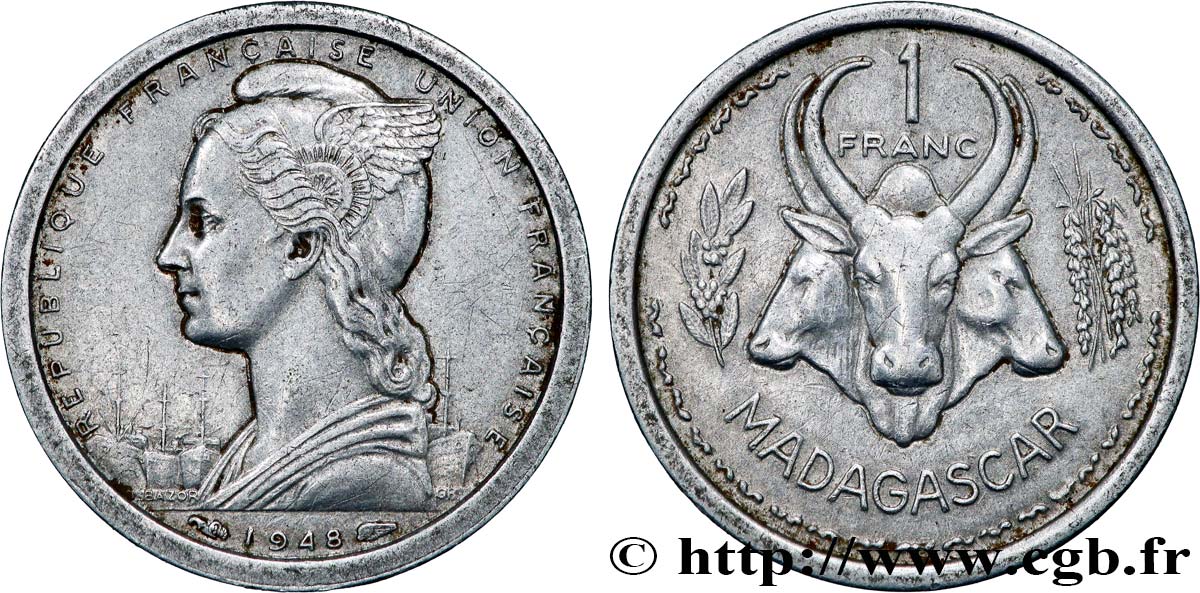 MADAGASCAR French Union 1 Franc 1948 Paris XF 