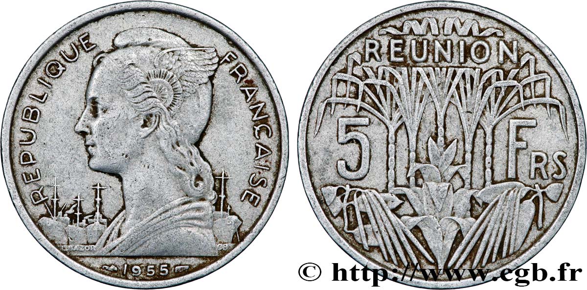 REUNION ISLAND 5 Francs 1955 Paris XF 