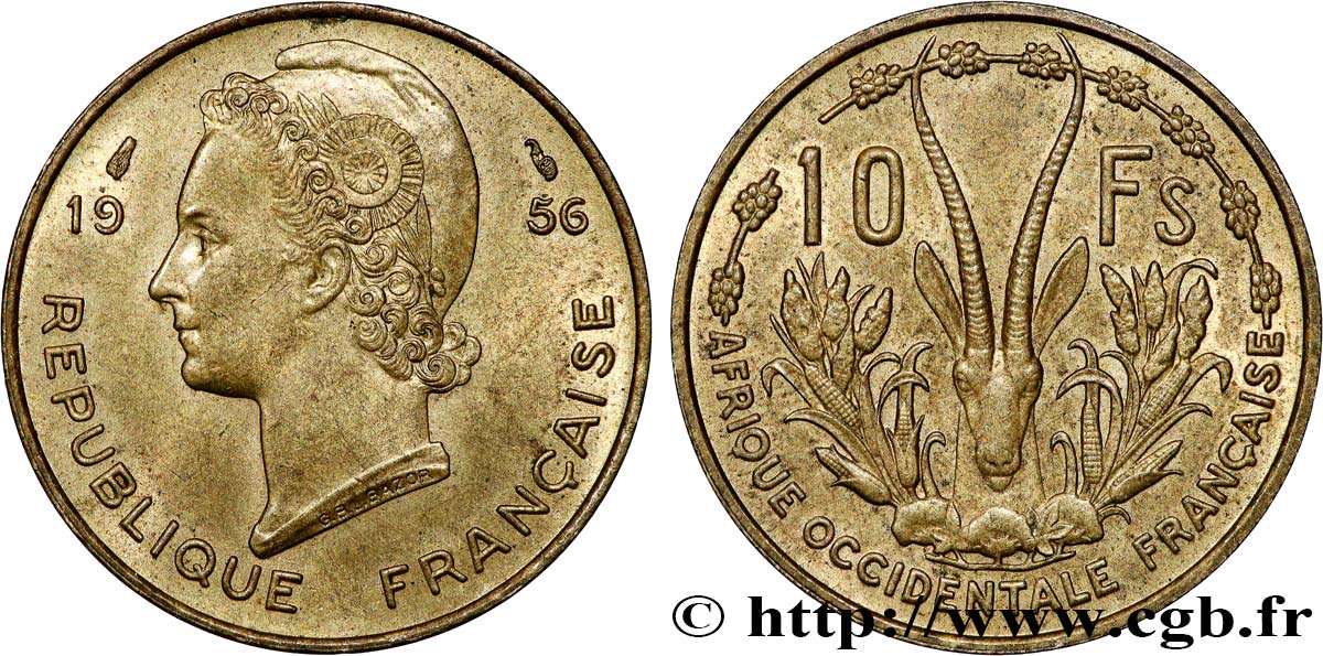 FRANZÖSISCHE WESTAFRIKA 10 Francs 1956 Paris VZ 