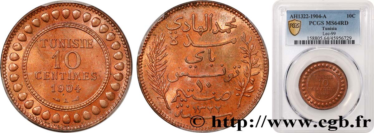 TUNISIA - Protettorato Francese 10 Centimes AH1322 1904 Paris MS64 PCGS