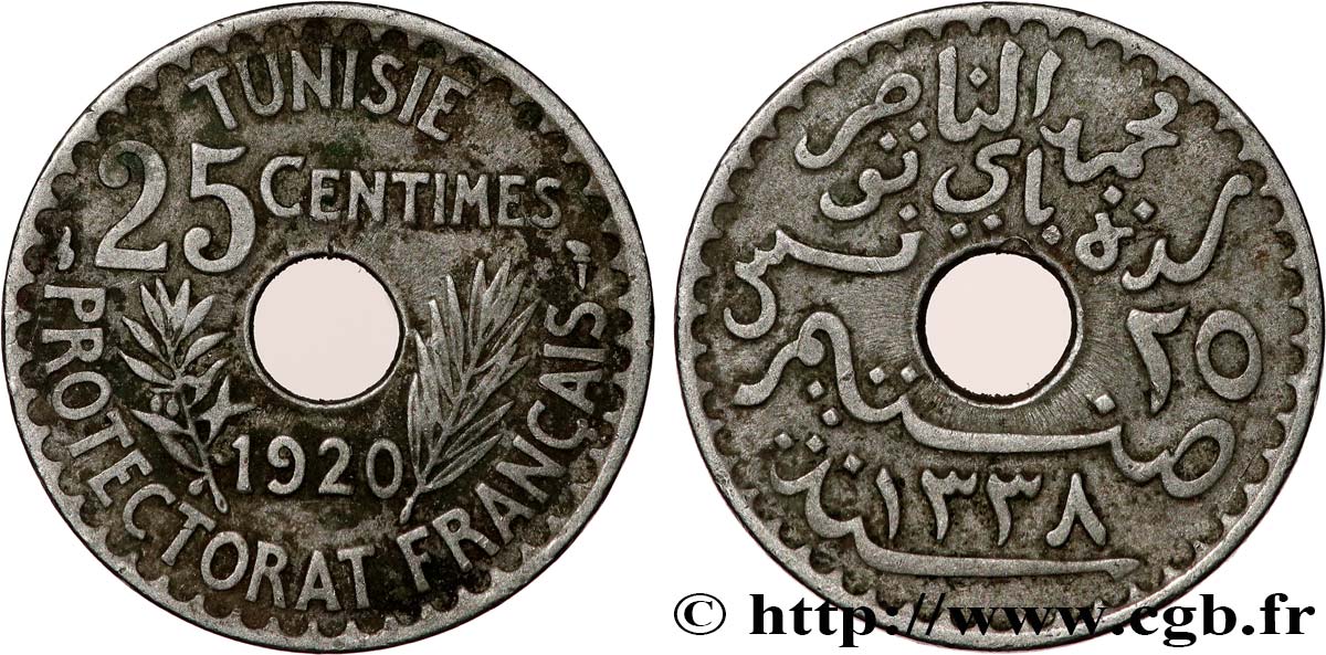 TUNISIE - PROTECTORAT FRANÇAIS 25 Centimes AH1338 1920 Paris TB 