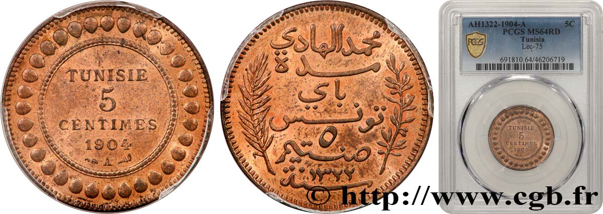 TUNISIA - Protettorato Francese 5 Centimes AH1322 1904 Paris MS64 PCGS