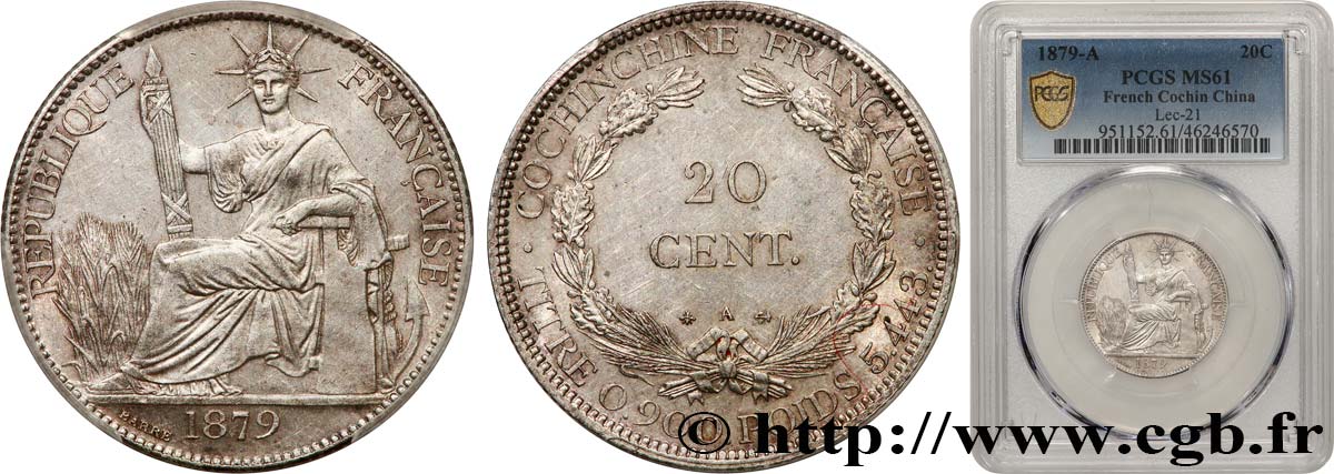 COCHINCHINE FRANÇAISE 20 Centimes 1879 Paris SUP61 PCGS