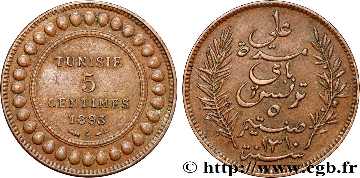 TUNISIE - PROTECTORAT FRANÇAIS 5 Centimes AH1310 1893 Paris TTB 