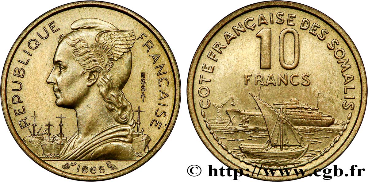 CÔTE FRANÇAISE DES SOMALIS Essai de 10 Francs 1965 Paris SPL 