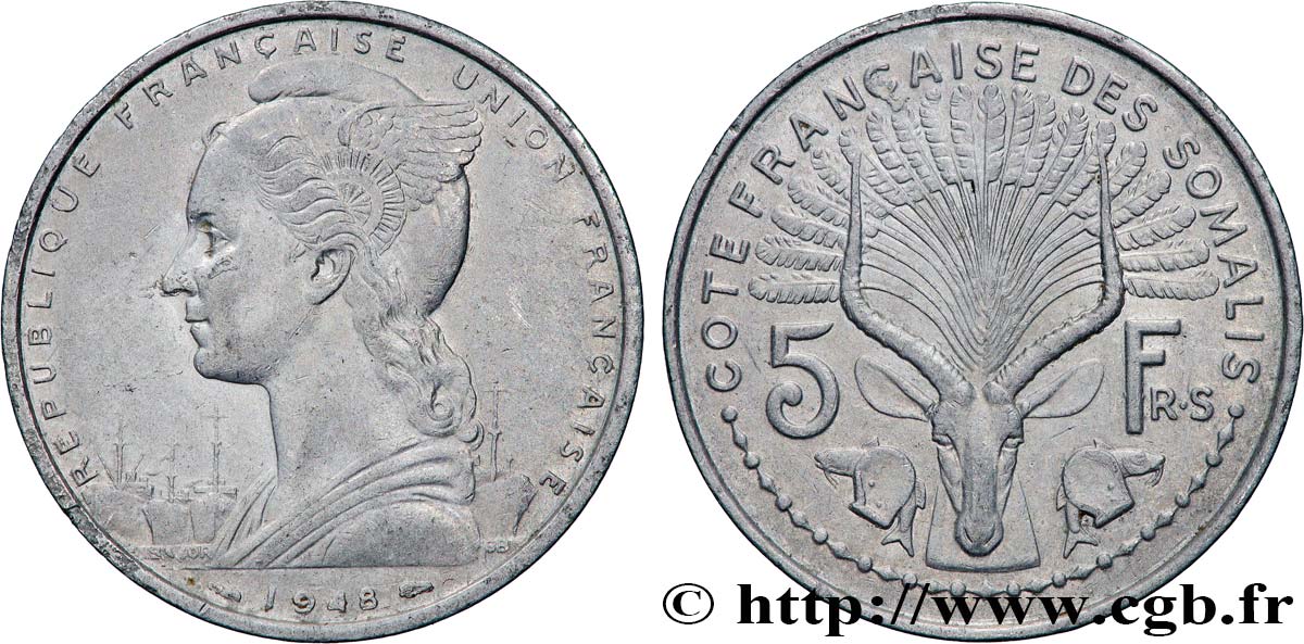SOMALIA FRANCESE 5 Francs 1948 Paris BB 