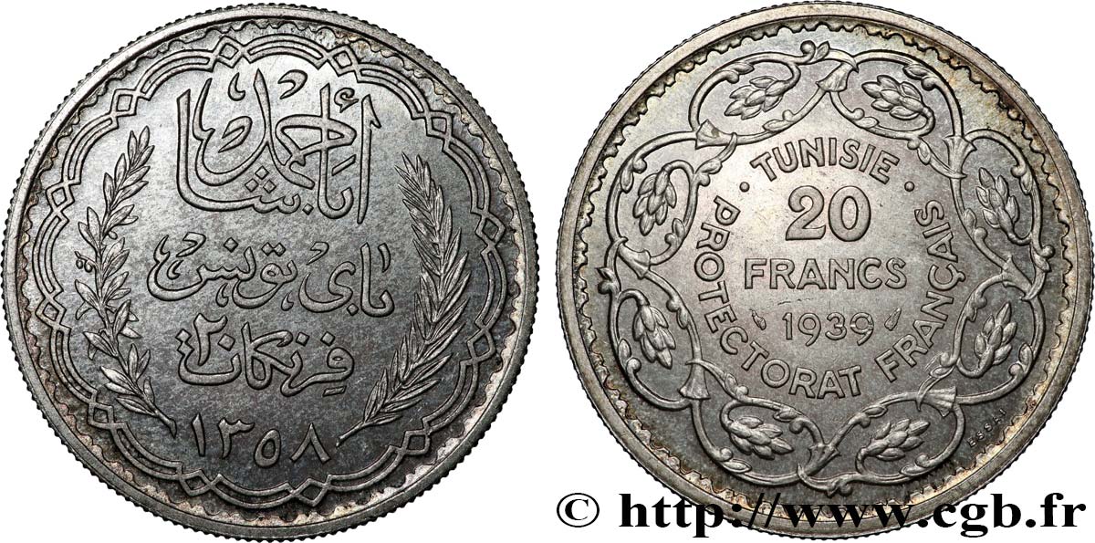 TUNISIE - PROTECTORAT FRANÇAIS Essai 20 Francs argent au nom de Ahmed Bey AH 1358 1939 Paris SPL 