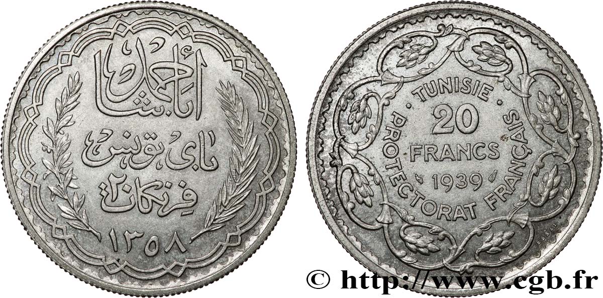 TUNESIEN - Französische Protektorate  Essai 20 Francs argent au nom de Ahmed Bey AH 1358 1939 Paris fST 