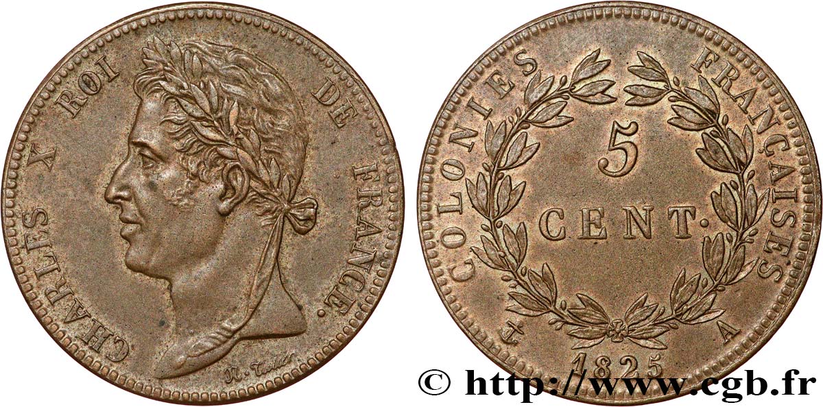 COLONIE FRANCESI - Carlo X, per Guyana e Senegal 5 Centimes  1825 Paris SPL 