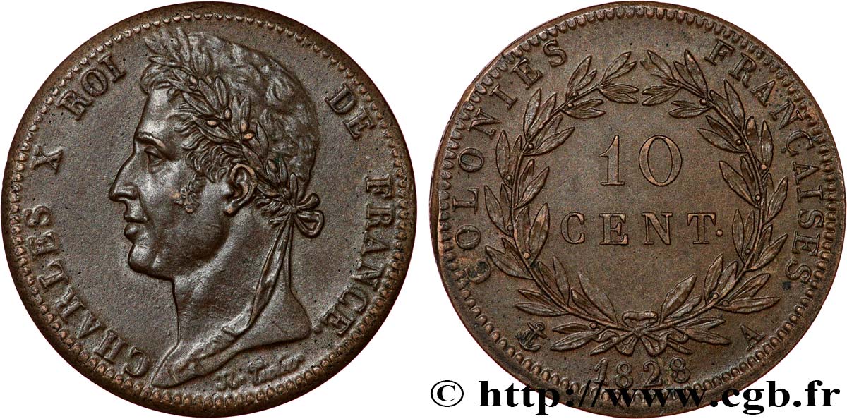 COLONIAS FRANCESAS - Charles X, para Guayana 10 Centimes  1828 Paris - A EBC 