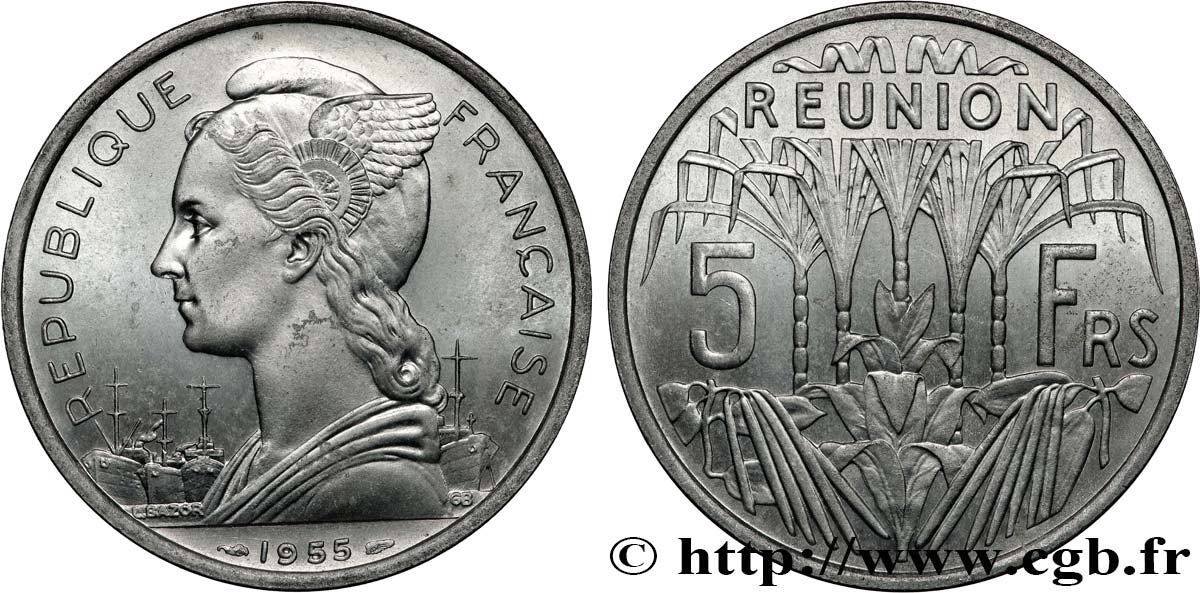 ÎLE DE LA RÉUNION 5 Francs Marianne / canne à sucre 1955 Paris SPL 