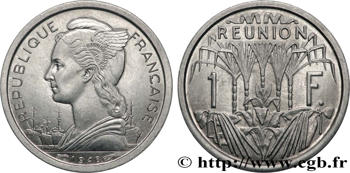 ÎLE DE LA RÉUNION 1 Franc Marianne / canne à sucre 1948 Paris SPL 