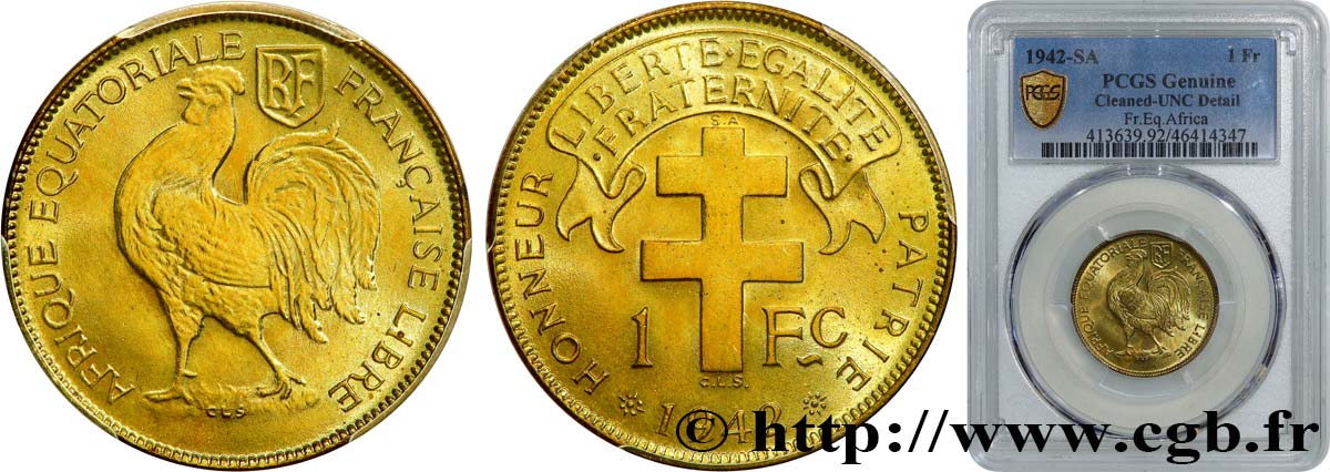 AFRICA EQUATORIALE FRANCESE - Forze Francesi Liberi 1 Franc 1942 Prétoria MS PCGS