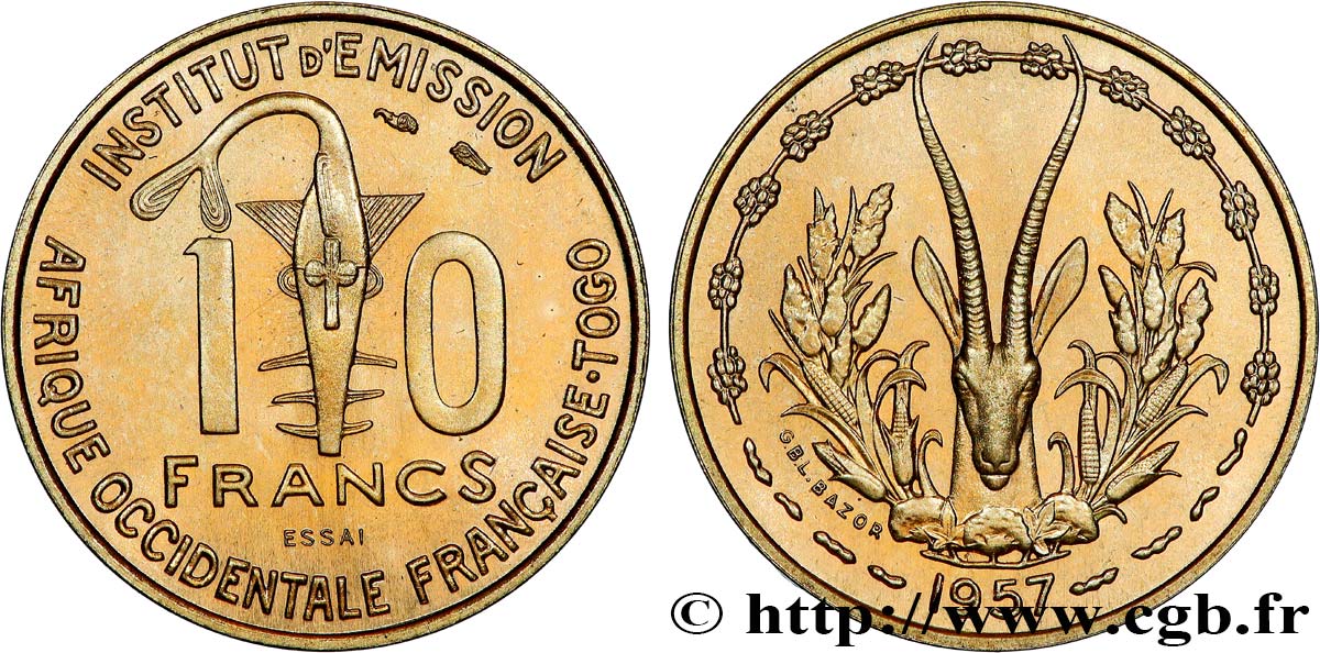AFRIQUE OCCIDENTALE FRANÇAISE - TOGO 10 Francs Essai 1957 Paris SPL 