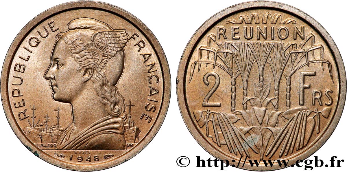 ÎLE DE LA RÉUNION Essai de 2 Francs 1948 Paris SPL 