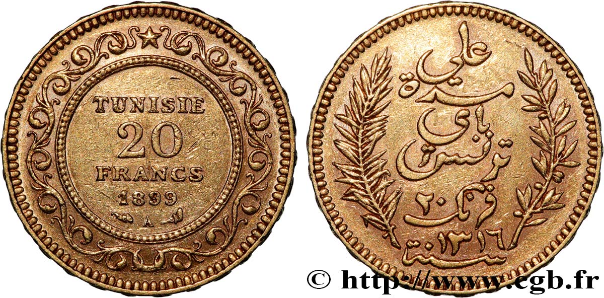 TUNISIA - French protectorate 20 Francs or Bey Ali AH 1317 1899 Paris XF 