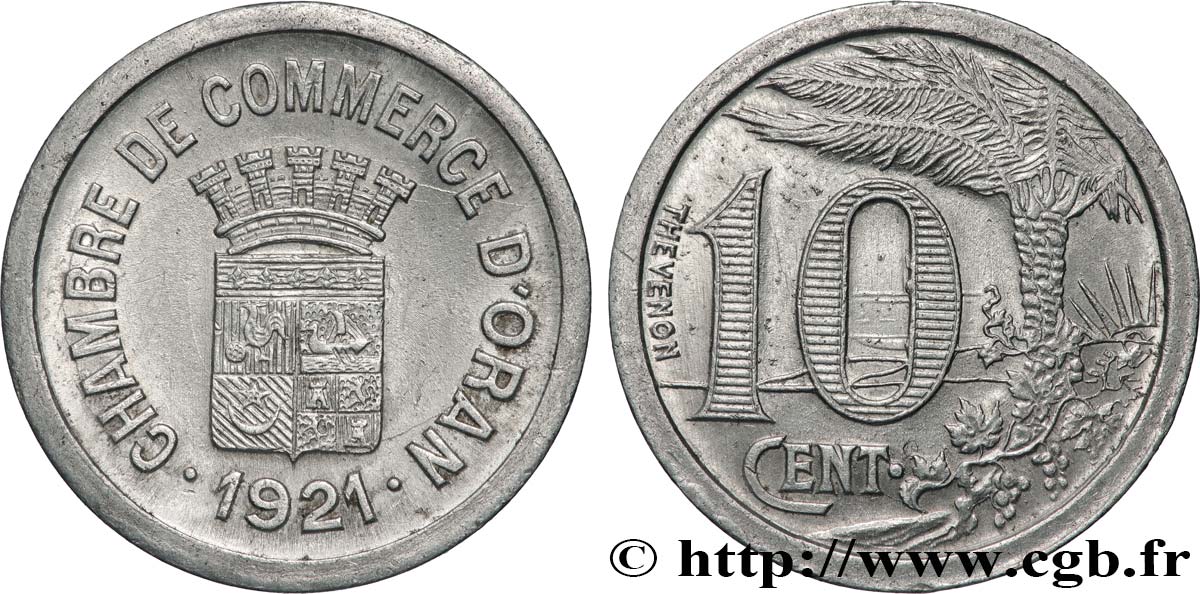 ALGÉRIE 10 Centimes Chambre de Commerce d’Oran 1921  TTB+ 
