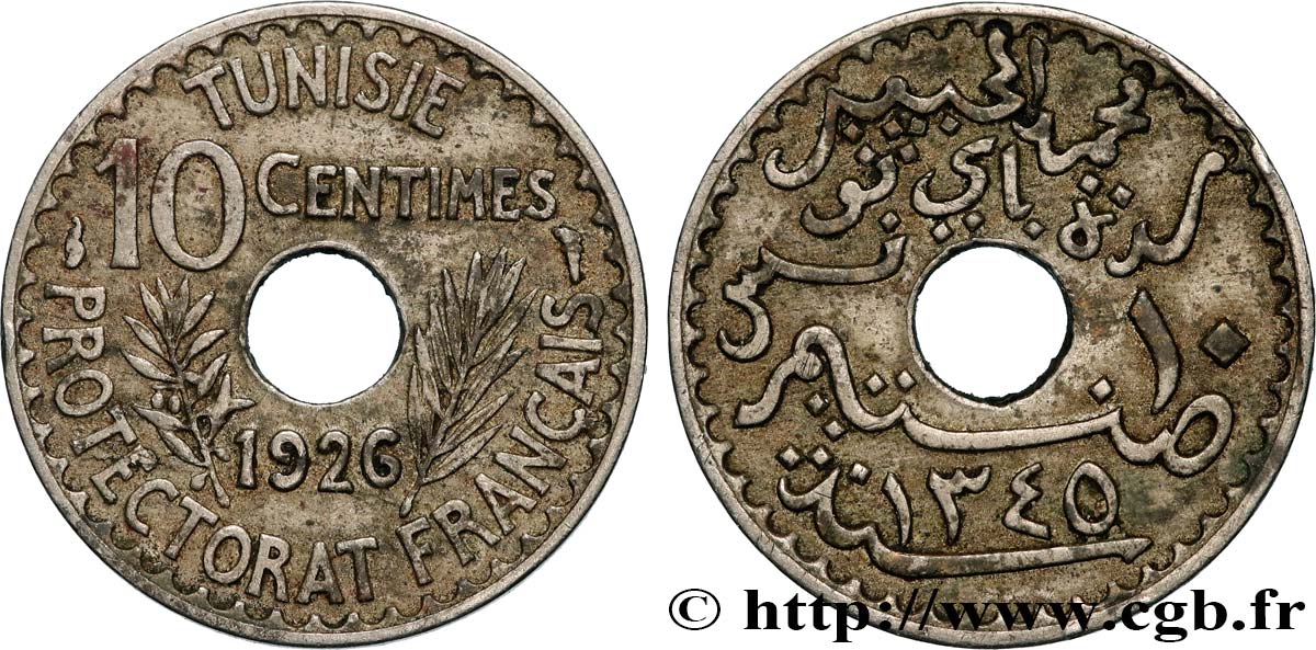 TUNISIA - FRENCH PROTECTORATE 10 Centimes AH1345 1926 Paris XF 
