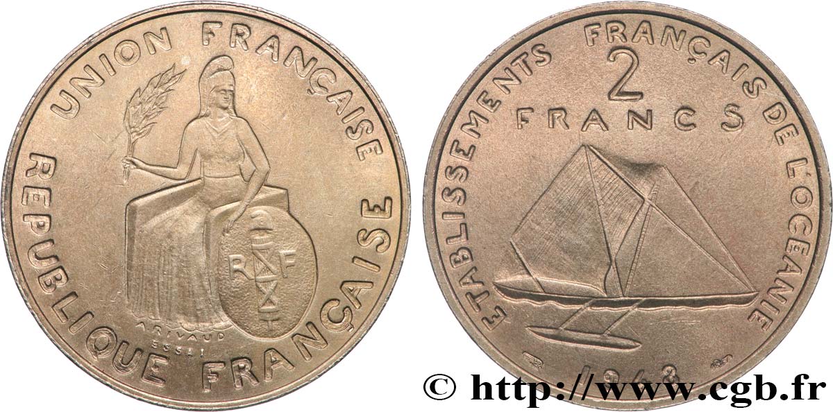 POLYNÉSIE FRANÇAISE - Océanie française Essai de 2 Francs avec listel en relief 1948 Paris SPL 