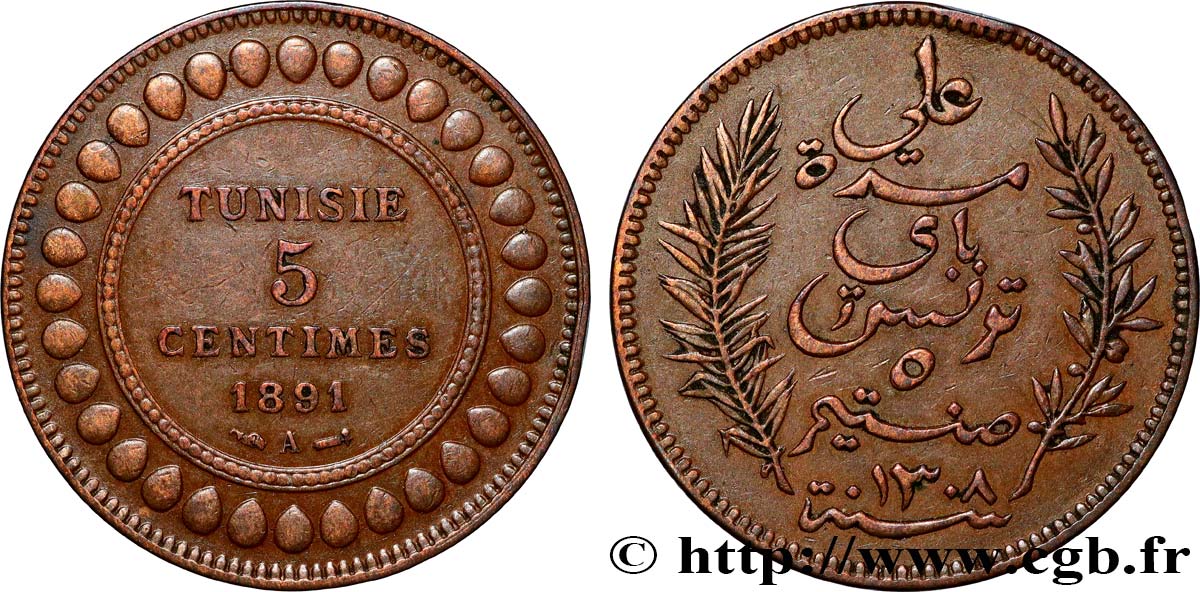 TUNISIA - French protectorate 5 Centimes AH 1308 1891 Paris AU 