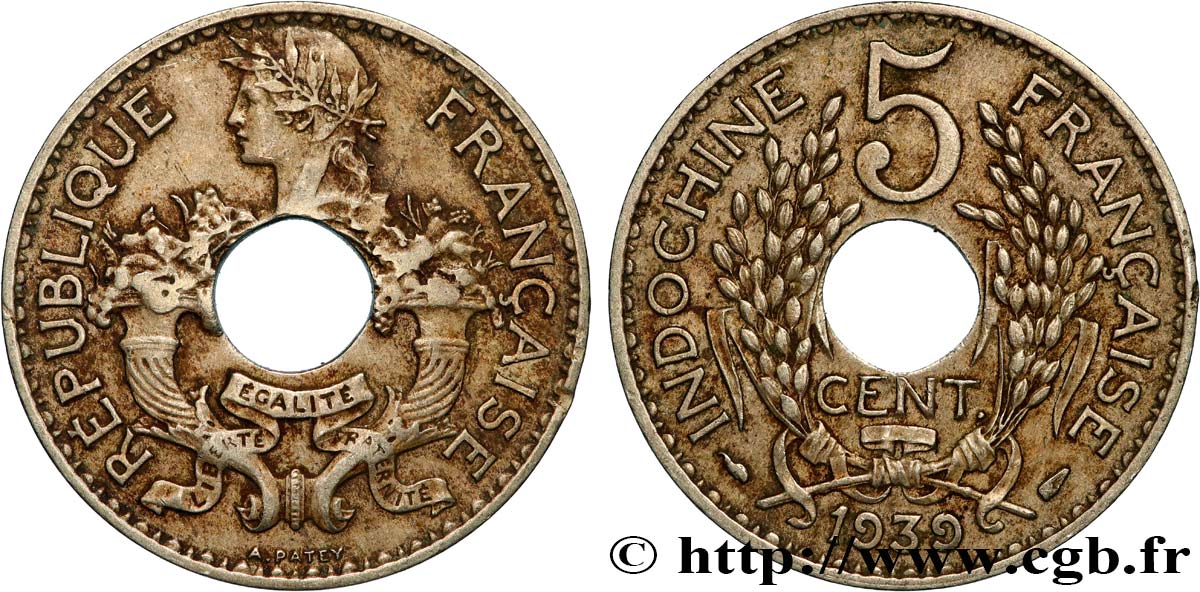 FRENCH INDOCHINA 5 Centièmes 1939 Paris XF 