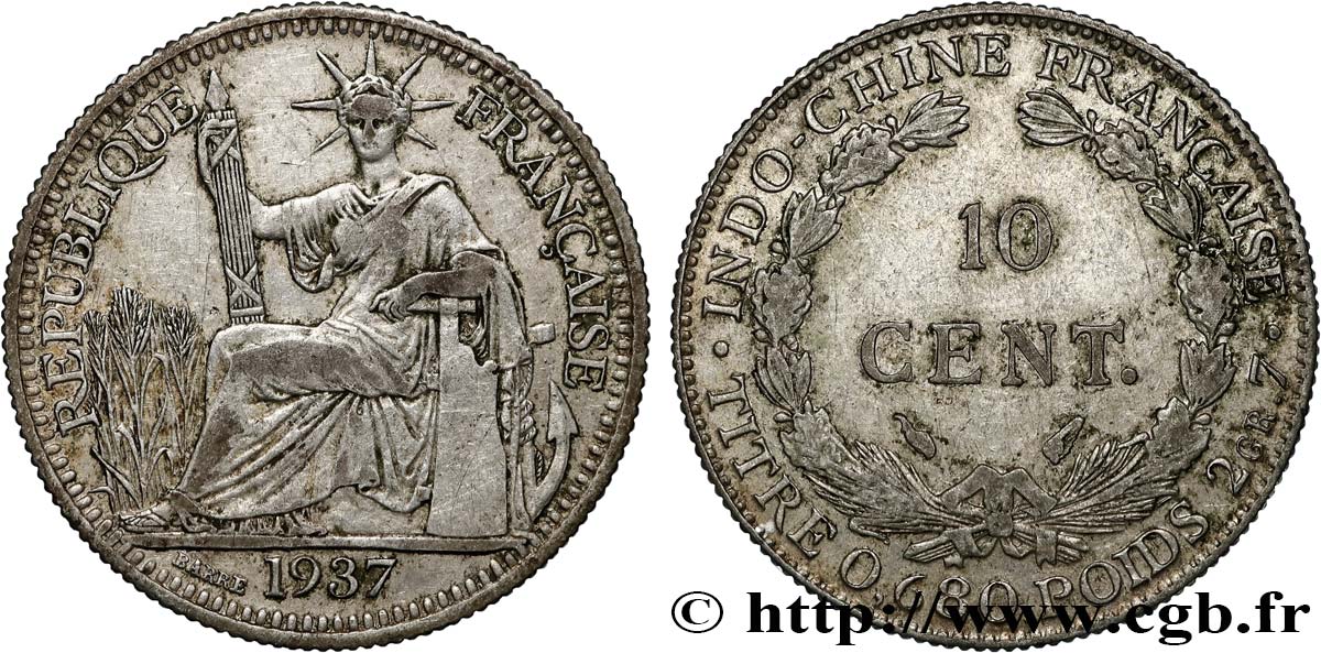 FRENCH INDOCHINA 10 Centièmes 1937 Paris XF 