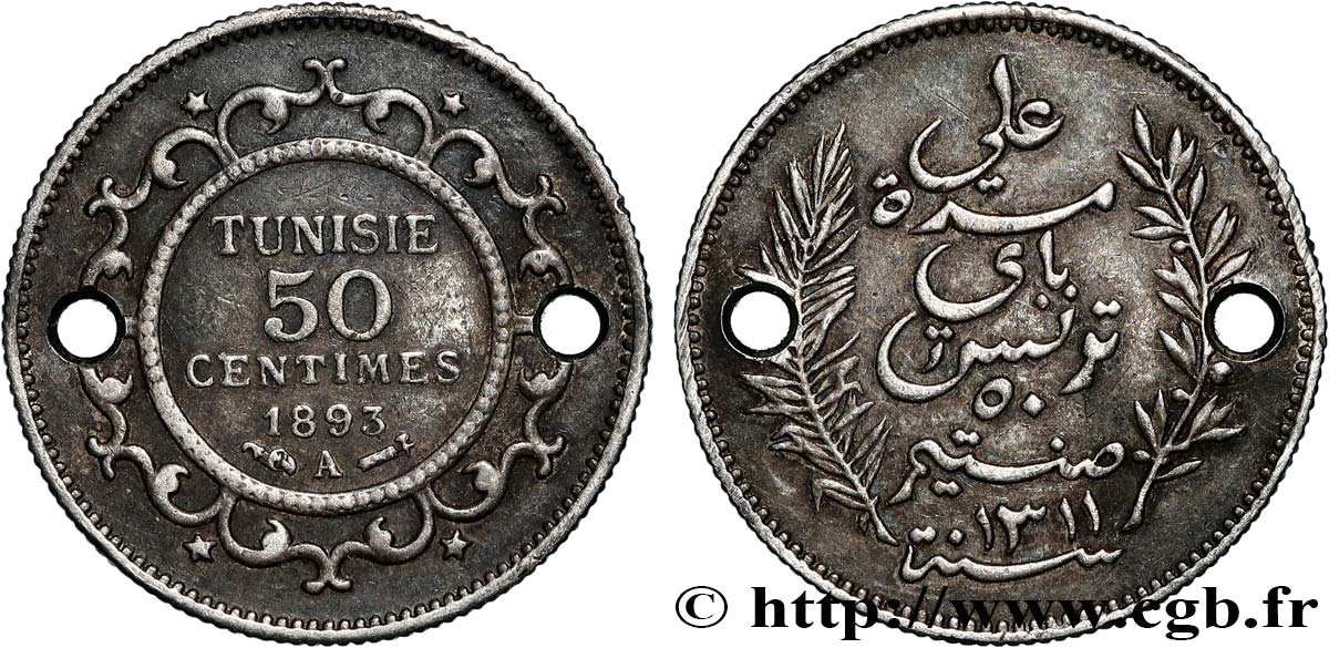 TUNISIA - Protettorato Francese 50 Centimes AH 1310 1893 Paris BB 