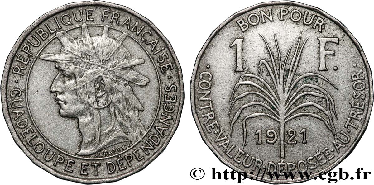 GUADELOUPE Bon pour 1 Franc 1921  XF 