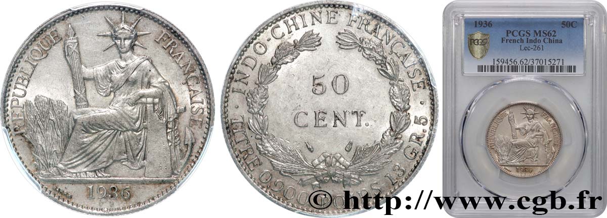 FRENCH INDOCHINA 50 Centièmes 1936 Paris MS62 PCGS