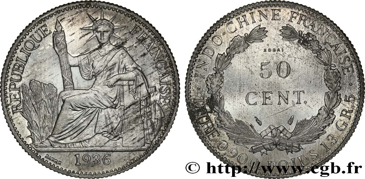 INDOCHINA Essai de 50 Cent en aluminium, lourd 1936 Paris EBC 