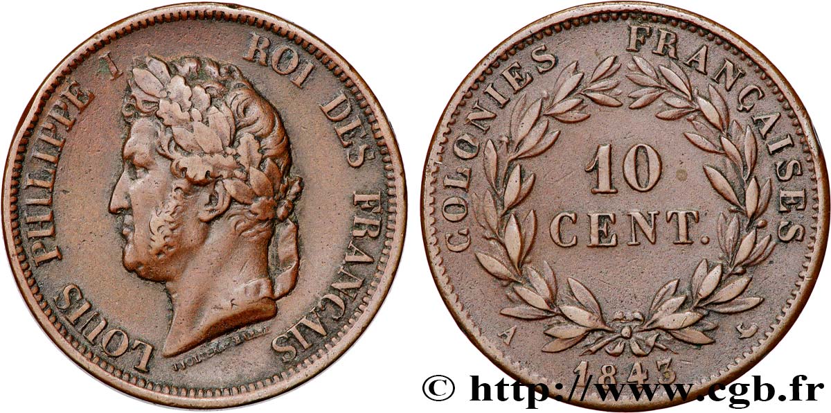 COLONIAS FRANCESAS - Louis-Philippe, para las Islas Marquesas 10 Centimes 1843 Paris MBC 