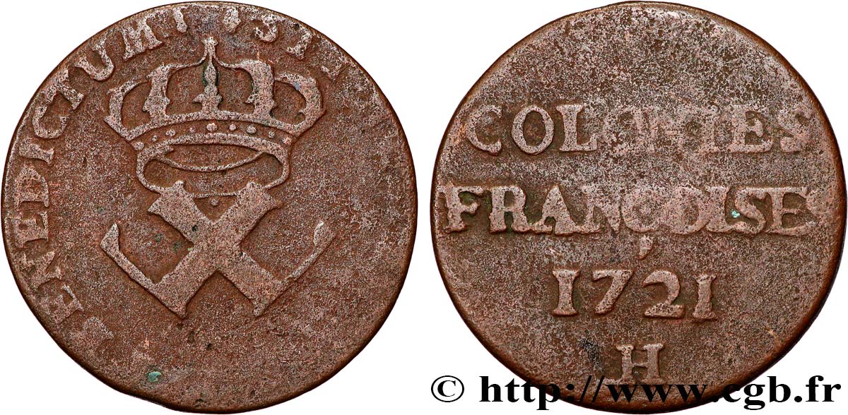 AMERICA - Establecimientos Franceses (Luisiana, Acadia, Canada) 9 Deniers 1721 La Rochelle - H RC+ 