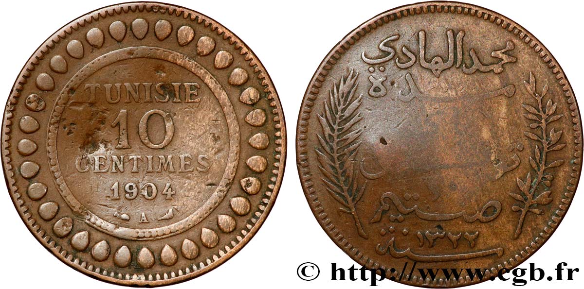 TUNISIA - Protettorato Francese 10 Centimes AH1322 1904 Paris MB 