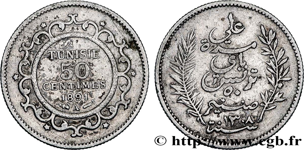 TUNEZ - Protectorado Frances 50 Centimes AH 1308 1891 Paris MBC 
