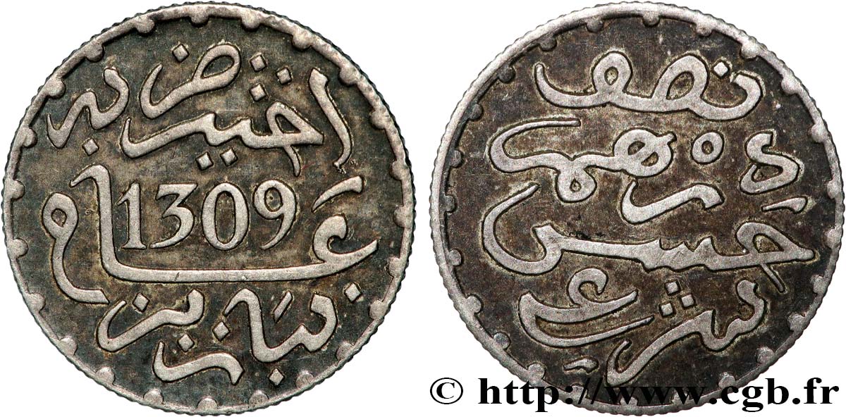 MAROC 1/2 Dirham Hassan I an 1309 1891 Paris TTB 