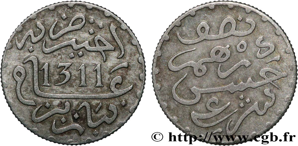 MOROCCO 1/2 Dirham Hassan I an 1311 1893 Paris AU 