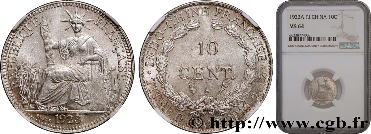 FRENCH INDOCHINA 10 Centièmes 1923 Paris MS64 NGC
