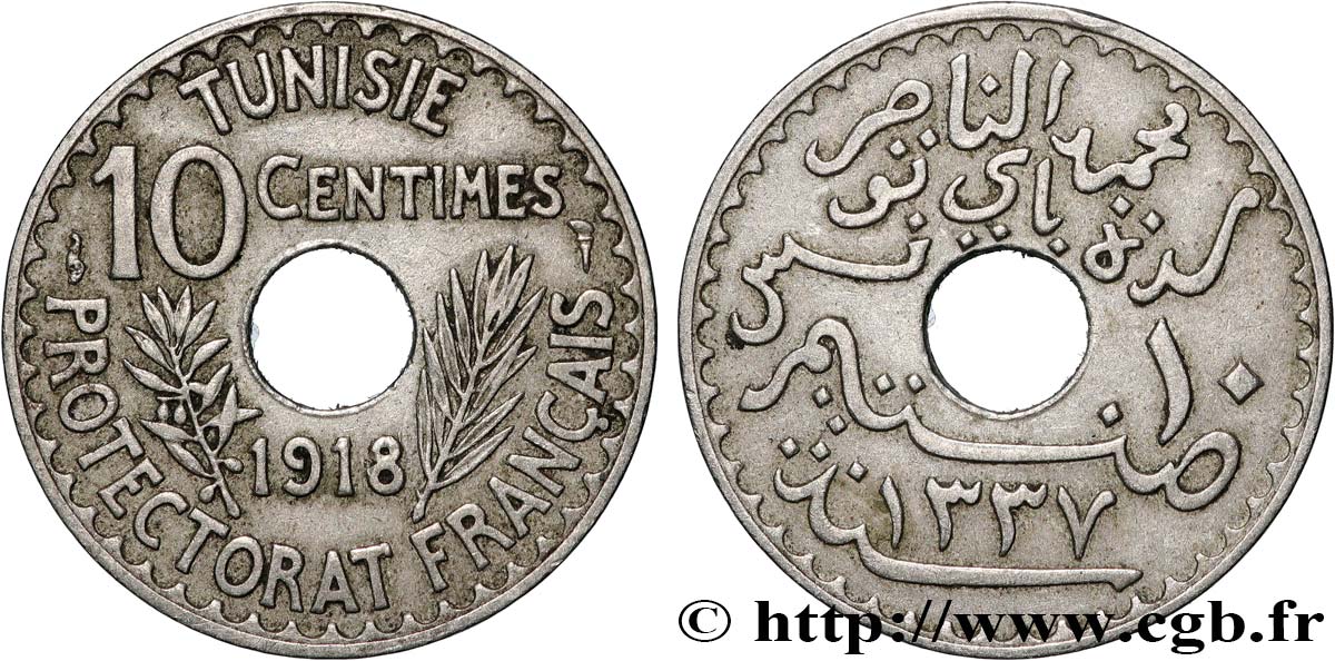 TUNISIA - French protectorate 10 Centimes AH 1337 1918 Paris XF 