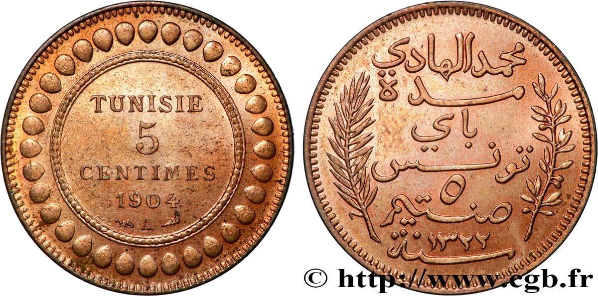 TUNESIEN - Französische Protektorate  5 Centimes AH1322 1904 Paris fST 