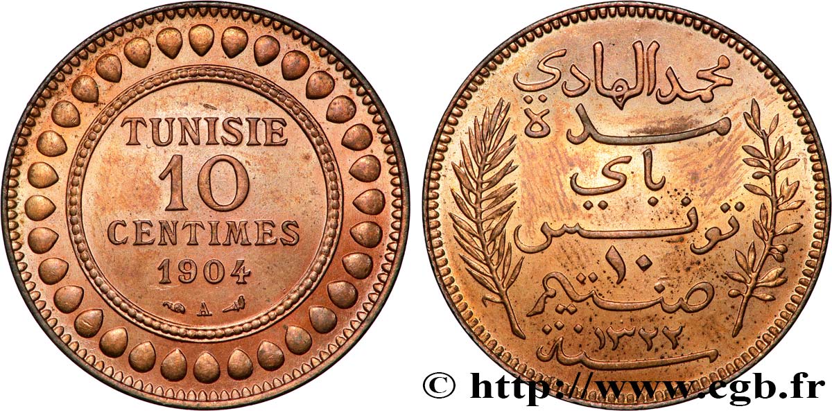 TUNISIA - Protettorato Francese 10 Centimes AH1322 1904 Paris SPL 