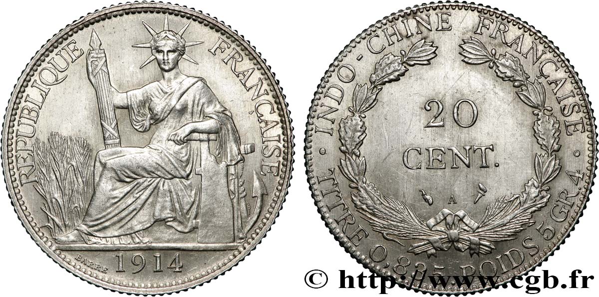 FRANZÖSISCHE-INDOCHINA 20 Centièmes 1914 Paris VZ 