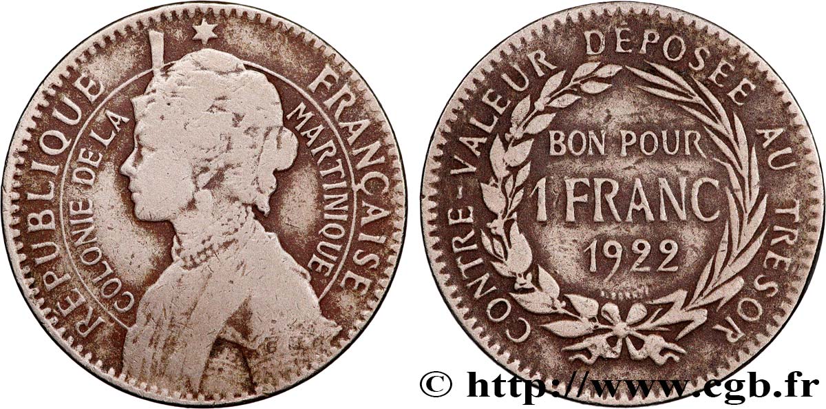 ÎLE DE LA MARTINIQUE Bon pour 1 Franc Colonie de la Martinique 1922 sans atelier TB 