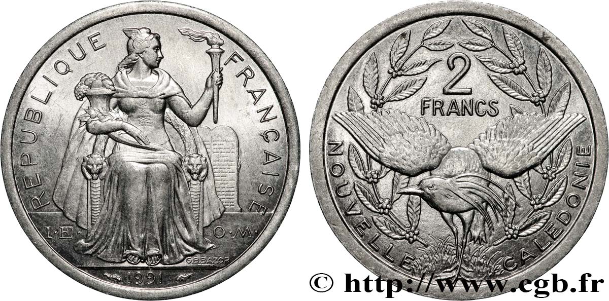 NOUVELLE CALÉDONIE 2 Francs I.E.O.M. 1991 Paris SPL 