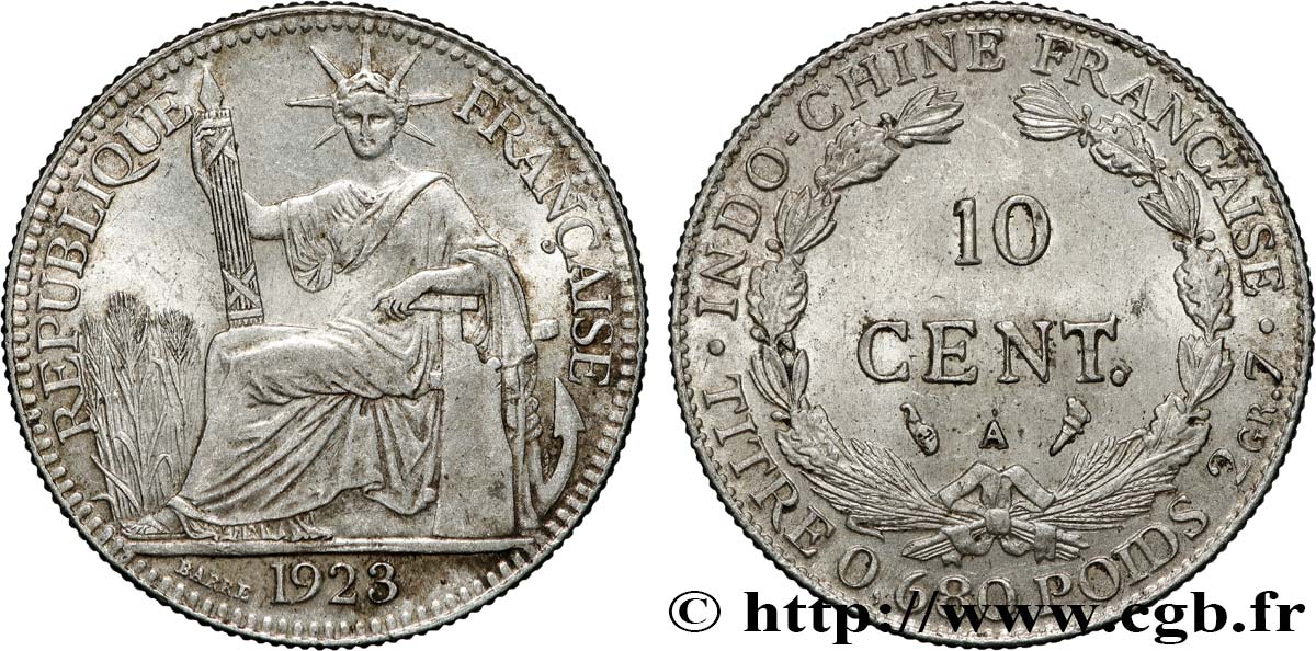 INDOCINA FRANCESE 10 Centièmes 1923 Paris BB 