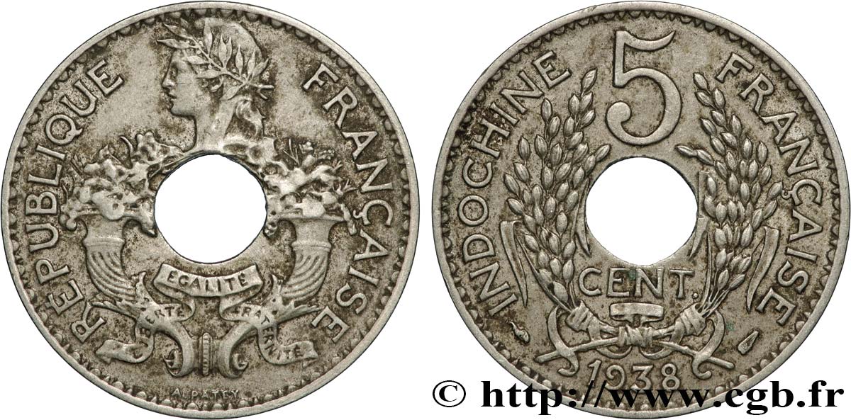 FRENCH INDOCHINA 5 Centièmes 1938 Paris XF 