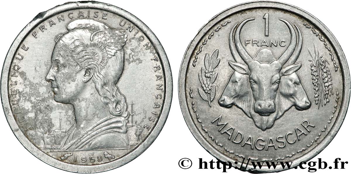 MADAGASCAR - Union française 1 Franc 1958 Paris TTB 