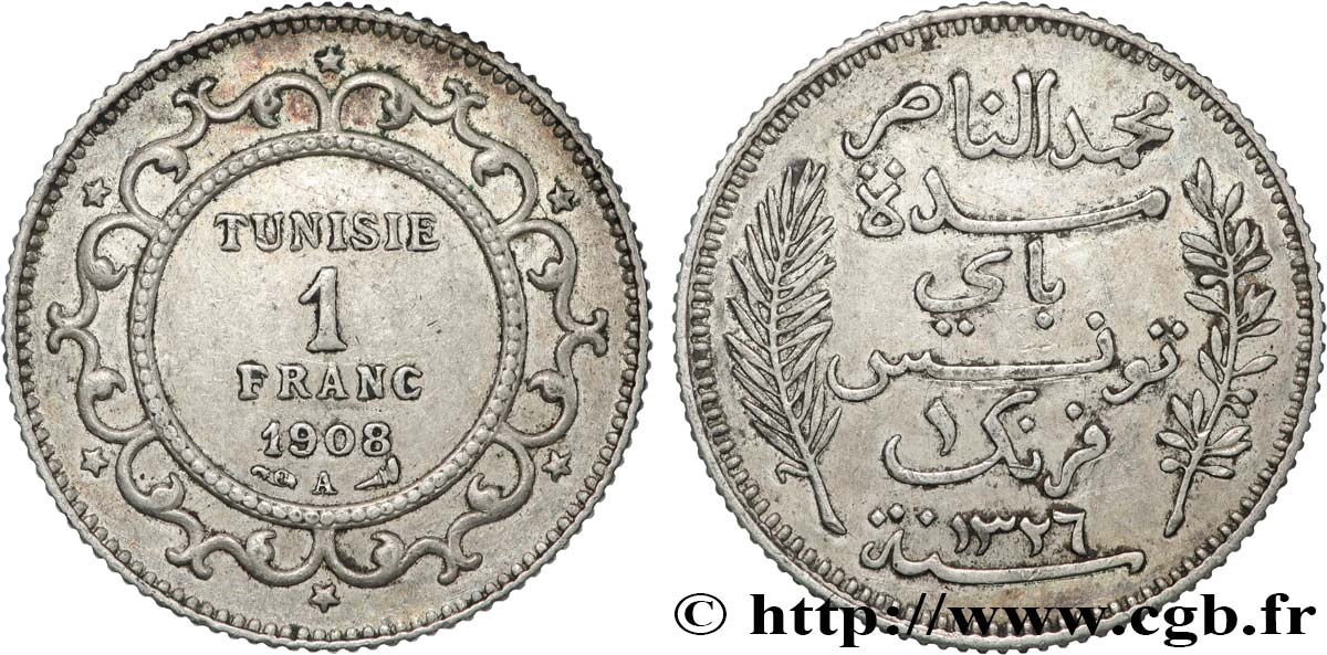 TUNISIE - PROTECTORAT FRANÇAIS 1 Franc AH1326 1908 Paris TTB+ 