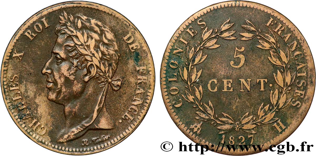 COLONIAS FRANCESAS - Charles X, para Martinica y Guadalupe 5 Centimes Charles X 1827 La Rochelle - A MBC 